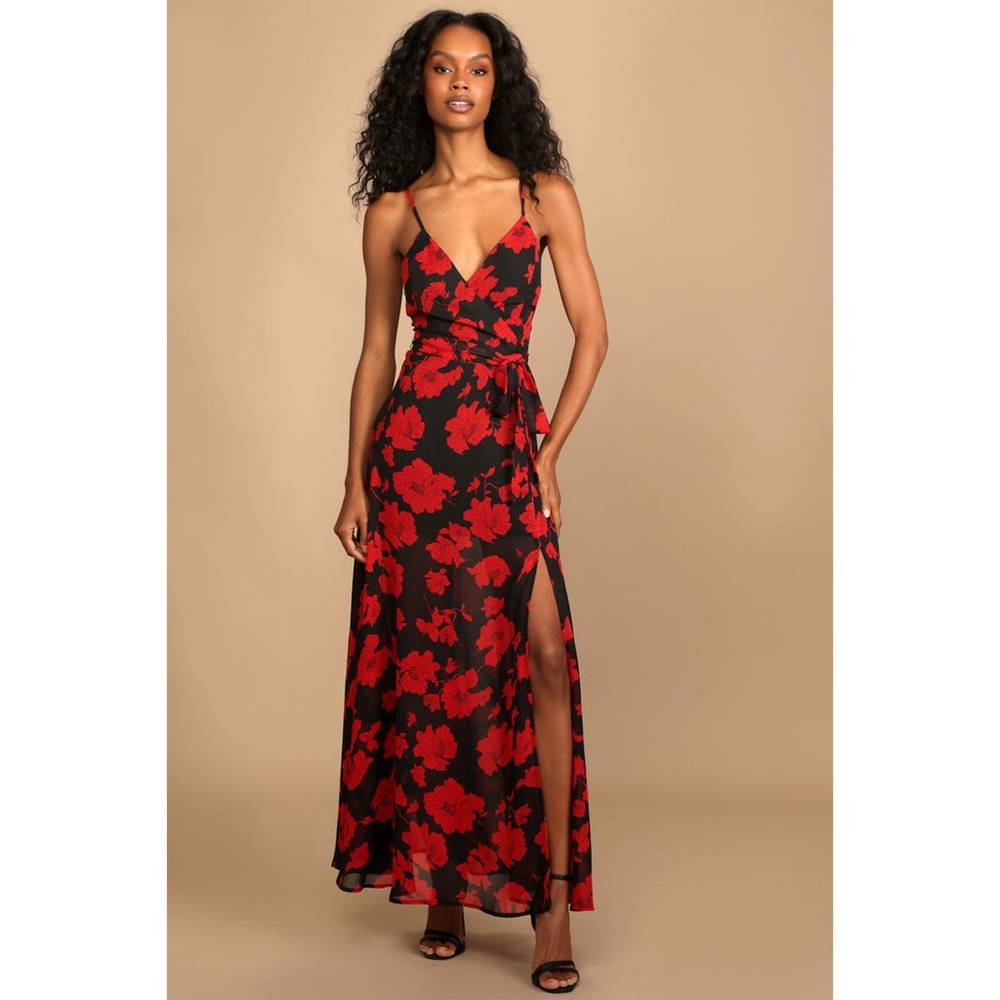 Elegant Floral Wrap Dress - Red and Black